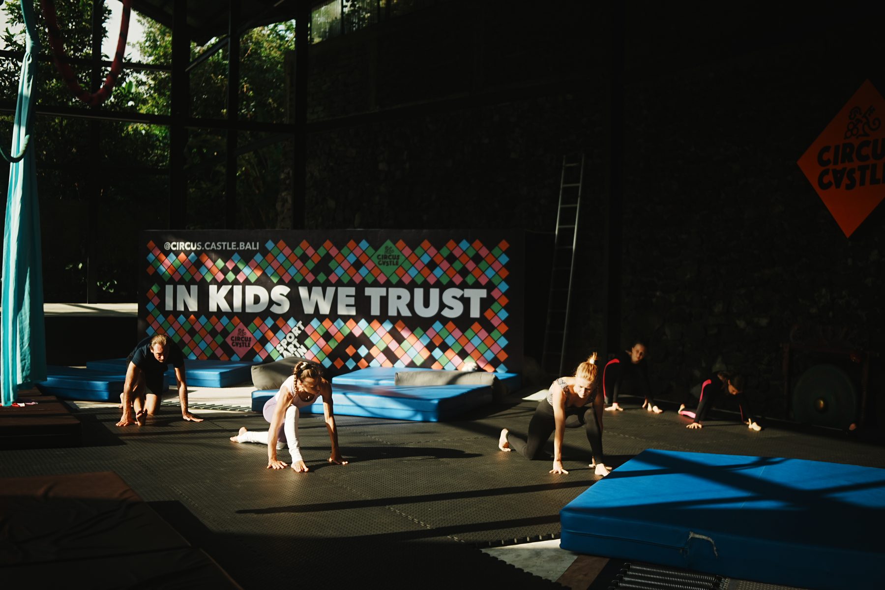 Children warming up in the trampoline hall